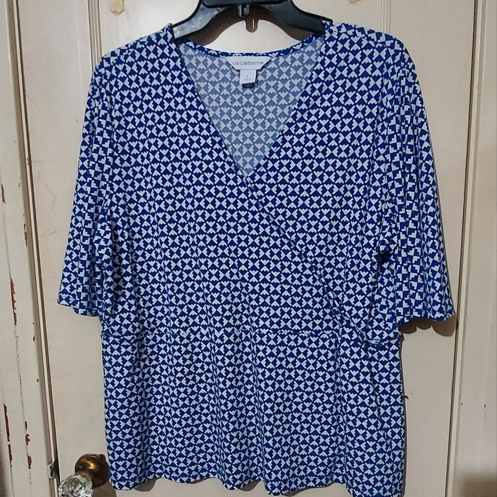 LIZ CLAIBORNE Blue White Flutter Sleeve V-neck Blouse  Size L